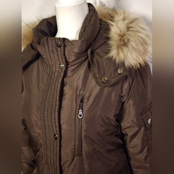 DKNY Down Puffer Trench Parka Trench Fur Trim Brown Womens Size XSmall Winter - Picture 14 of 16